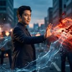 Ilustrasi konsep strategic humility yang menampilkan seseorang tetap tenang dan memegang kendali saat menghadapi ledakan emosi atau agresi lawan.